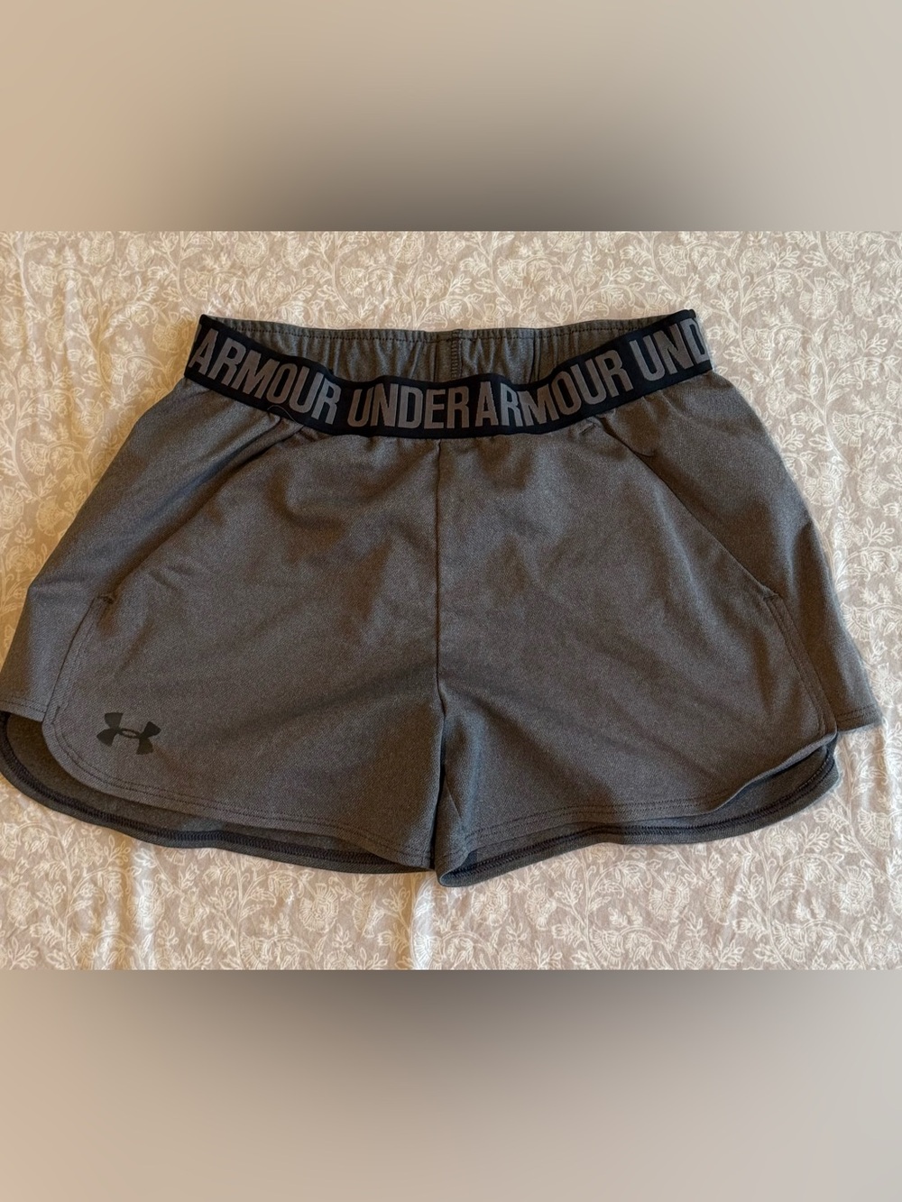 Under Armour Women's Dark Gray Athletic Shorts with Branded Waistband